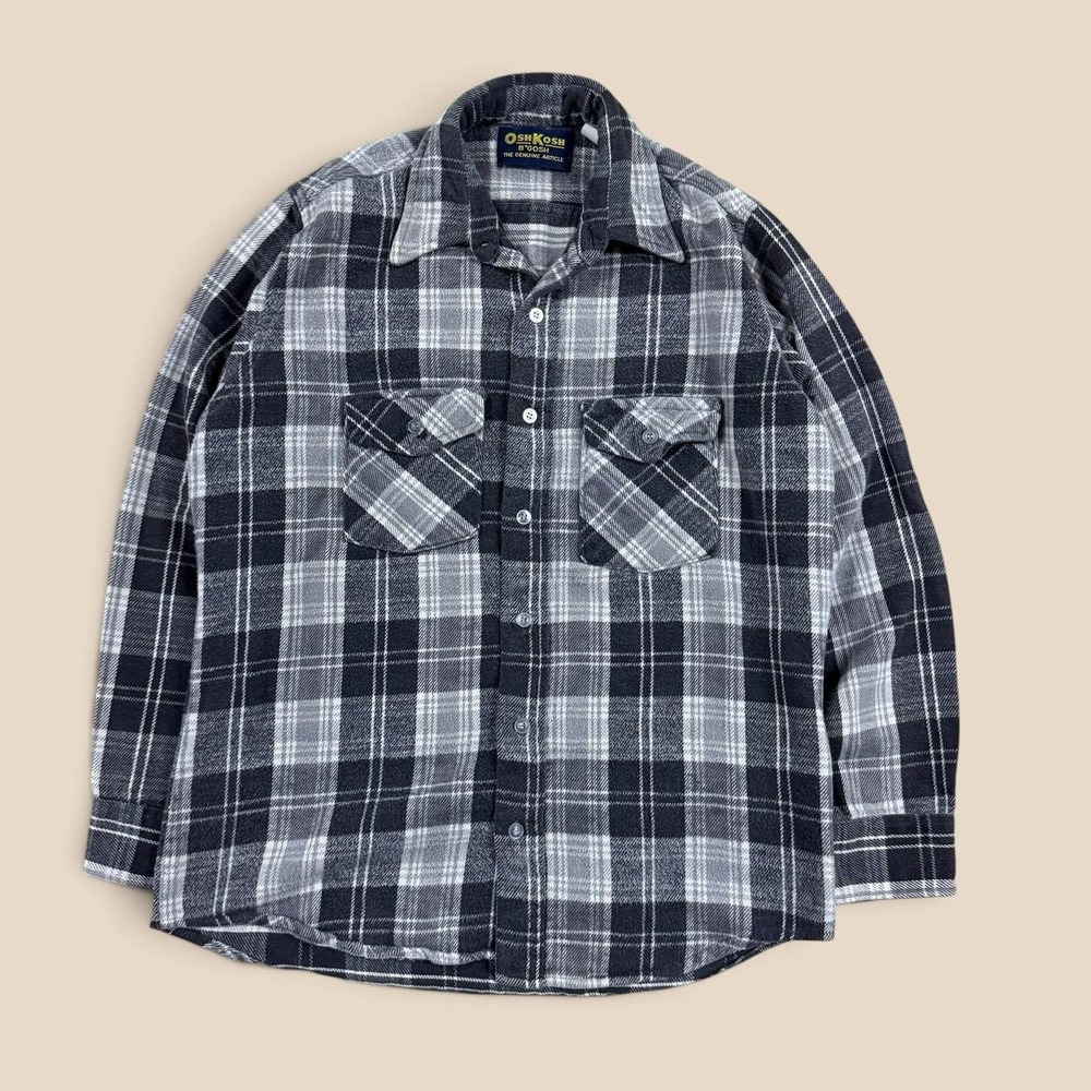 Vintage OshKosh Bgosh Mens Flannel Shirt Grey Black Plaid Cotton 80s Small